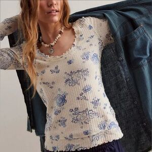 Free People We The Free Clover Printed Thermal Scoop Neck Exposed Seam Top